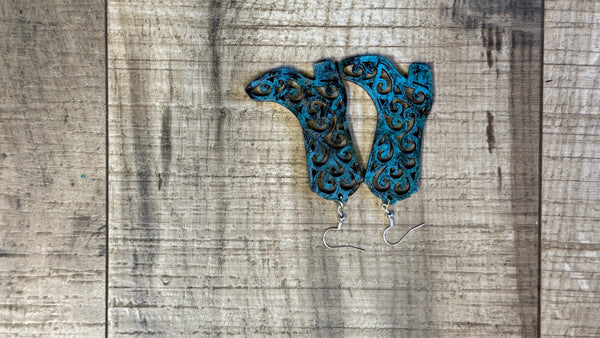 Blue hand-painted filigree boot earrings by Wisp & Fern