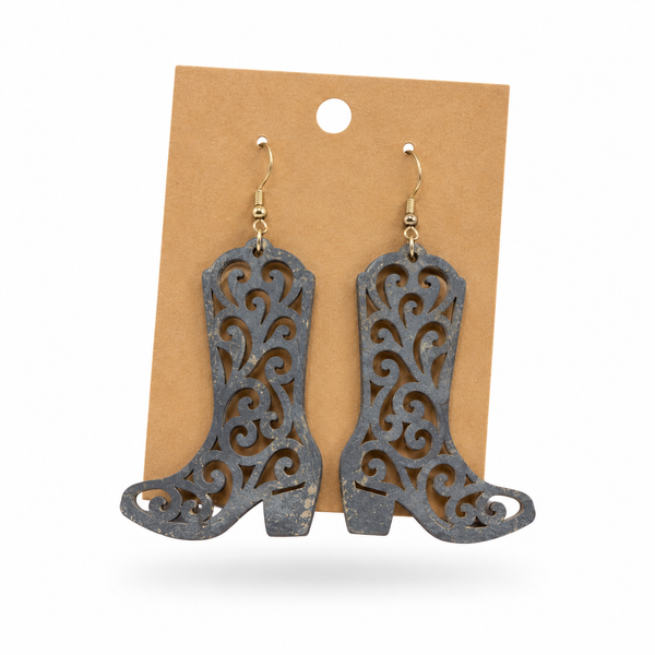 Hand-painted charcoal filigree cowboy boot earrings on a kraft display card
