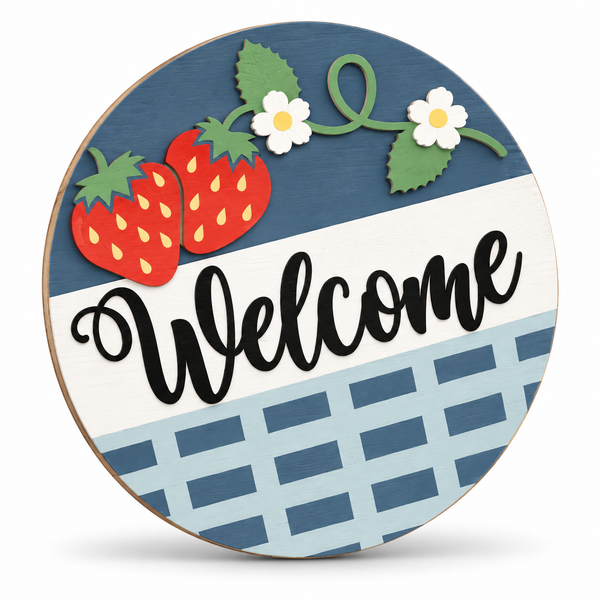 Strawberry Welcome Craft Kit by ChicaTiza — round wooden design on a white background with a soft shadow