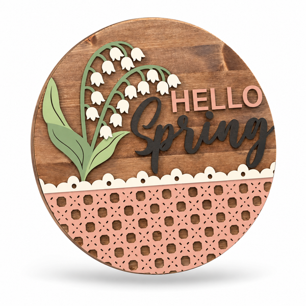 Hello Spring Lily of the Valley Craft Kit by ChicaTiza — round wooden design on a white background with a soft shadow