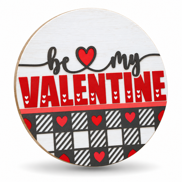 Be My Valentine Plaid Hearts Craft Kit by ChicaTiza — round wooden design on a white background with a soft shadow