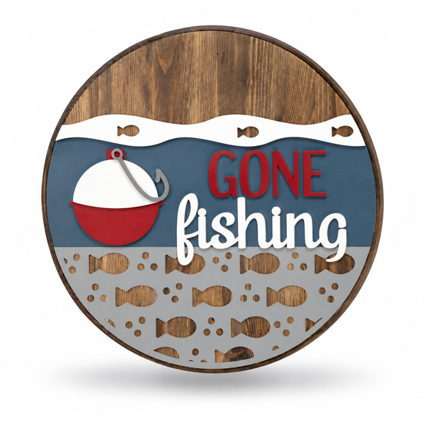 Gone Fishing Craft Kit by ChicaTiza — round wooden design on a white background with a soft shadow