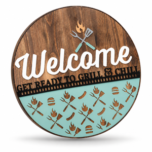 Welcome—Get Ready to Grill Craft Kit by ChicaTiza — round wooden design on a white background with a soft shadow