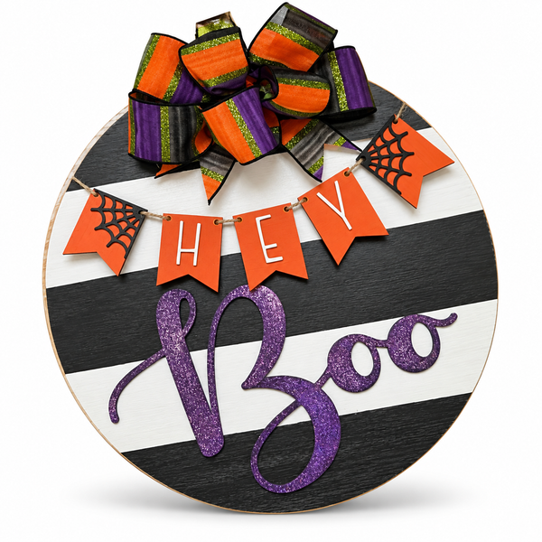 Hey Boo Halloween Craft Kit by ChicaTiza — round wooden design on a white background with a soft shadow