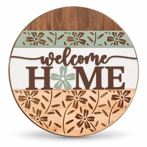 Floral Welcome Home Craft Kit by ChicaTiza — round wooden design on a white background with a soft shadow