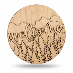 Forest Mountain Round – Layered Wood Door Hanger Kit | ChicaTiza — round wooden design on a white background with a soft shadow