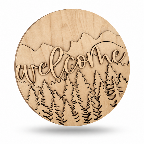 Forest Mountain Round – Layered Wood Door Hanger Kit | ChicaTiza — round wooden design on a white background with a soft shadow