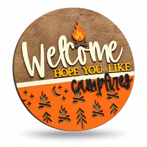 We Hope You Like Campfires Craft Kit by ChicaTiza — round wooden design on a white background with a soft shadow