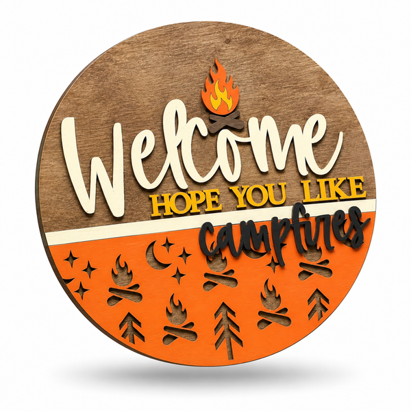 We Hope You Like Campfires Craft Kit by ChicaTiza — round wooden design on a white background with a soft shadow