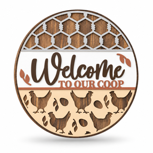Welcome to Our Coop (Chickens) Craft Kit by ChicaTiza — round wooden design on a white background with a soft shadow