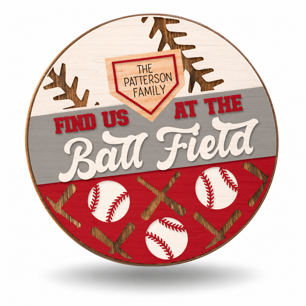 Find Us at the Ball Field Craft Kit by ChicaTiza — round wooden design on a white background with a soft shadow