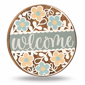 Floral Welcome Craft Kit by ChicaTiza — round wooden design on a white background with a soft shadow