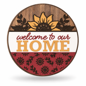 Welcome to Our Home Sunflowers Craft Kit by ChicaTiza — round wooden design on a white background with a soft shadow