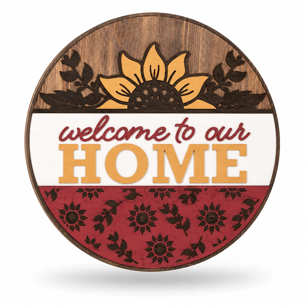 Welcome to Our Home Sunflowers Craft Kit by ChicaTiza — round wooden design on a white background with a soft shadow