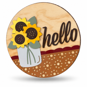 Sunflower Mason Jar Craft Kit by ChicaTiza — round wooden design on a white background with a soft shadow