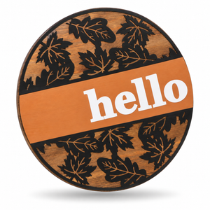 Hello Fall Leaves Craft Kit by ChicaTiza — round wooden design on a white background with a soft shadow