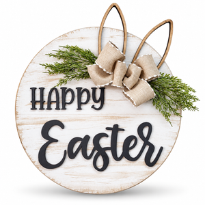 Happy Easter with Ears Craft Kit by ChicaTiza — round wooden design on a white background with a soft shadow