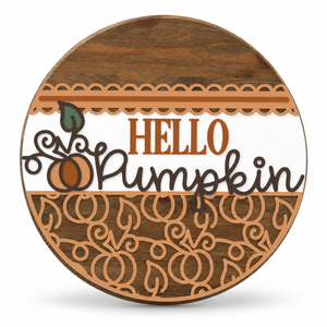 Swirly Hello Pumpkin Craft Kit by ChicaTiza — round wooden design on a white background with a soft shadow