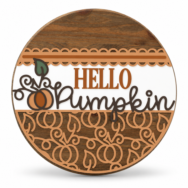 Swirly Hello Pumpkin Craft Kit by ChicaTiza — round wooden design on a white background with a soft shadow