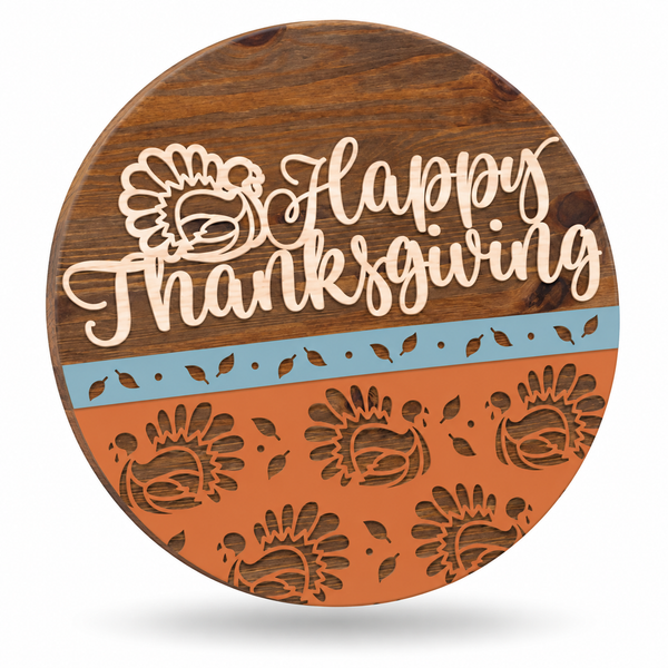 Happy Thanksgiving Turkey Craft Kit by ChicaTiza — round wooden design on a white background with a soft shadow
