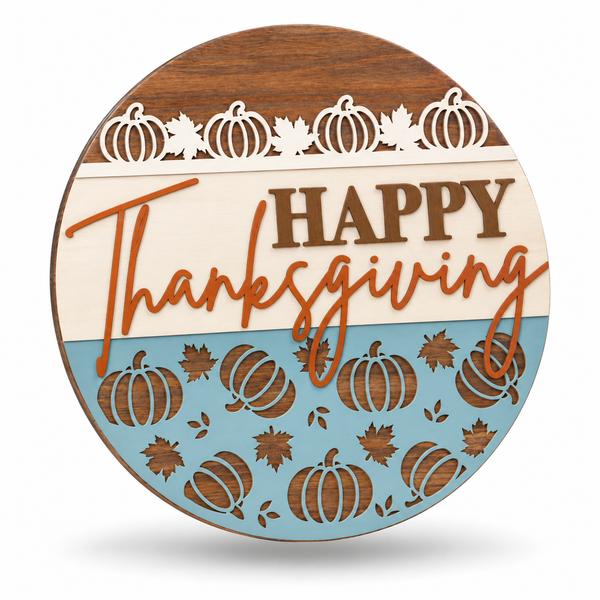 Happy Thanksgiving Pumpkin Craft Kit by ChicaTiza — round wooden design on a white background with a soft shadow