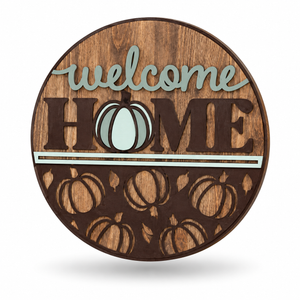 Hello Pumpkin Craft Kit by ChicaTiza — round wooden design on a white background with a soft shadow