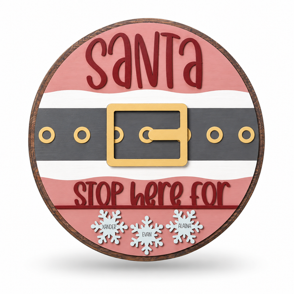 Santa Stop Here Craft Kit by ChicaTiza — round wooden design on a white background with a soft shadow