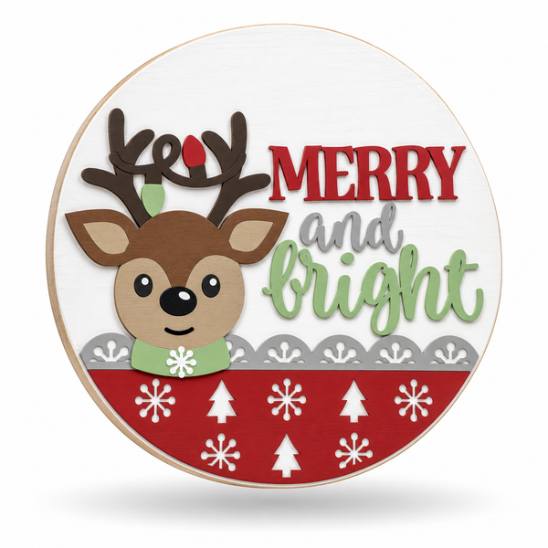 Merry and Bright Reindeer Craft Kit by ChicaTiza — round wooden design on a white background with a soft shadow