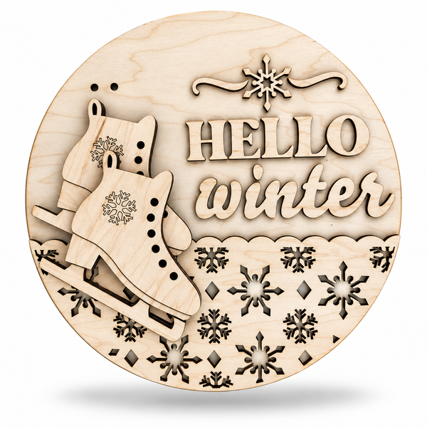 Hello Winter Ice Skates Craft Kit by ChicaTiza — round wooden design on a white background with a soft shadow