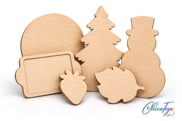 ChicaTiza wood-cutout collection overview: unfinished circle, evergreen tree, snowman, cookie sheet, strawberry and autumn leaf.