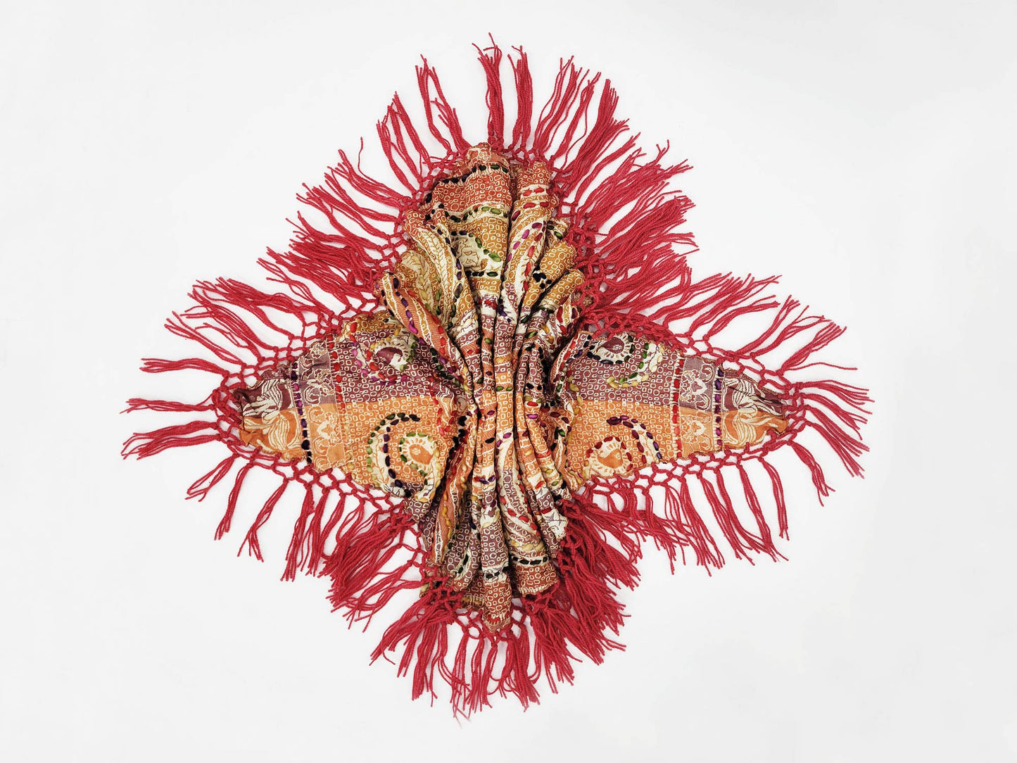 Raj  - Jody Thick Stitch Marquise Diamond Shape Scarf Shawl 2 Color: Crimson / Multi