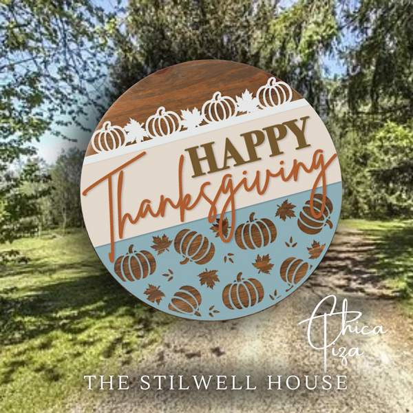 Happy Thanksgiving Pumpkin Cutout- Round  Wood Door Sign | Hanger | ChicaTiza
