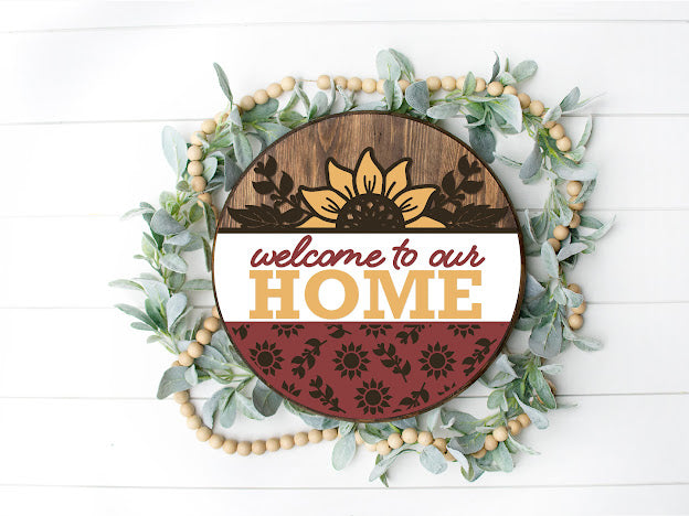 Welcome To Our Home Sunflowers  - Round  Wood Door Sign | Hanger | ChicaTiza