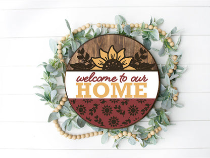 Welcome To Our Home Sunflowers  - Round  Wood Door Sign | Hanger | ChicaTiza