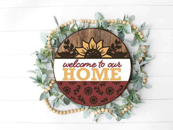 Welcome To Our Home Sunflowers  - Round  Wood Door Sign | Hanger | ChicaTiza