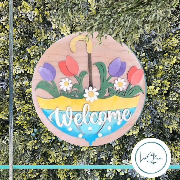 Tulip Umbrella  - Round  Wood Door Sign | Hanger | ChicaTiza