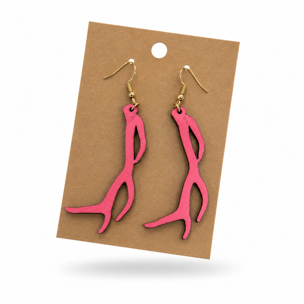 Pink Antler Earrings displayed on a kraft earring card