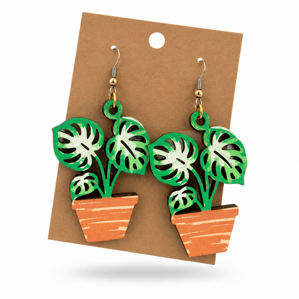 Potted Monstera Earrings (2.5-inch) displayed on a kraft earring card