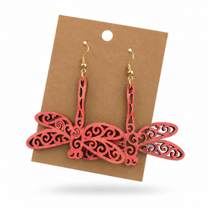 Rose Dragonfly Filigree Earrings displayed on a kraft earring card