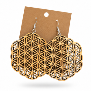 Round Flower of Life Earrings (3-inch) displayed on a kraft earring card