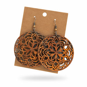 Rust Iron Petal Mandala Earrings displayed on a kraft earring card