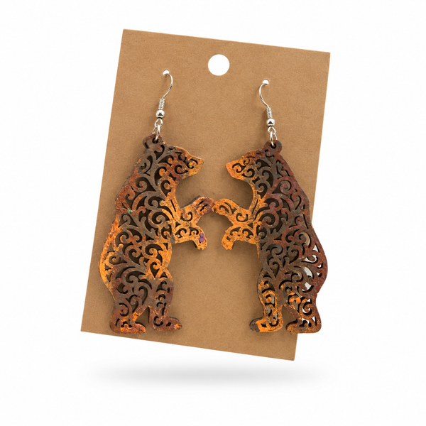 Rusty Old Iron Bear Filigree Earrings displayed on a kraft earring card