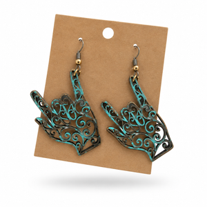 Rusty Patina ASL “I Love You” Hand Earrings displayed on a kraft earring card