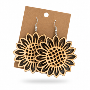 Sunflower Earrings displayed on a kraft earring card