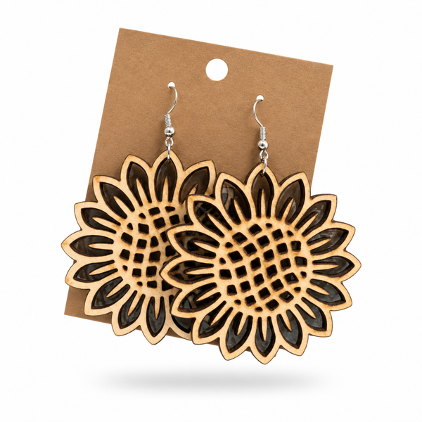 Sunflower Earrings displayed on a kraft earring card