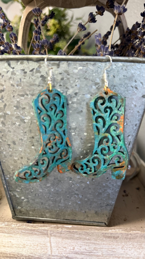 Teal patina hand-painted filigree boot earrings by Wisp & Fern