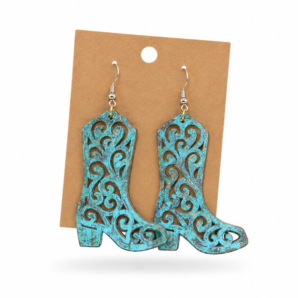 Hand-painted turquoise filigree cowboy boot earrings on a kraft display card
