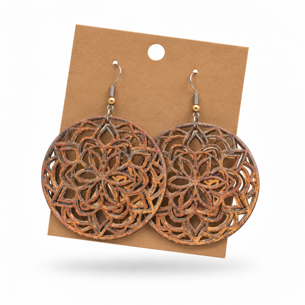 Hand-painted copper floral mandala earrings by Wisp & Fern