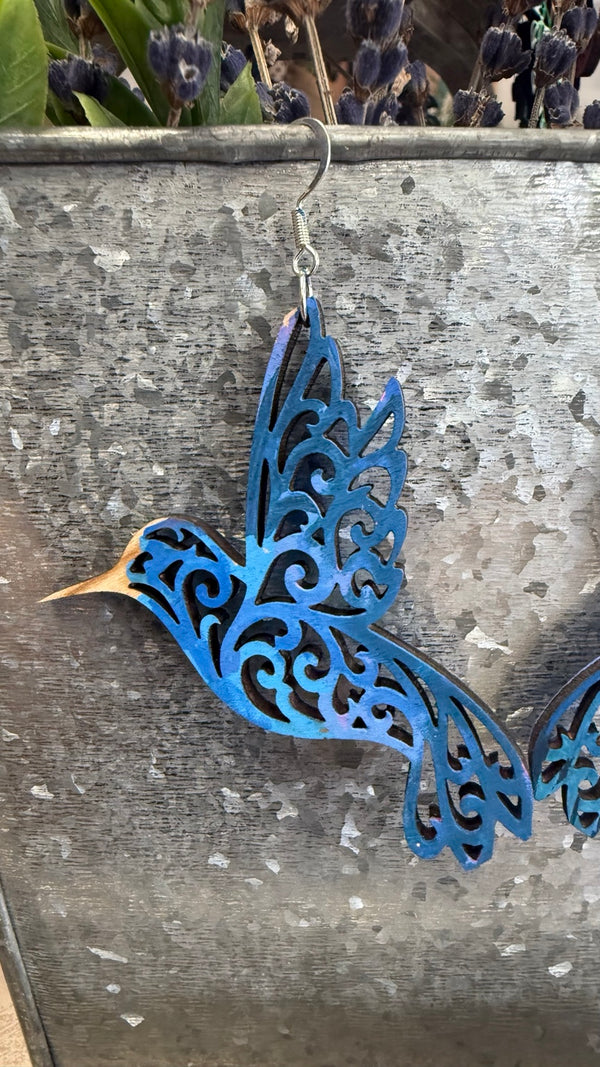Blue Filigree Hummingbird Earrings — original photograph