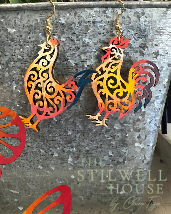 Rooster and Hen Filigree Earrings — original photograph